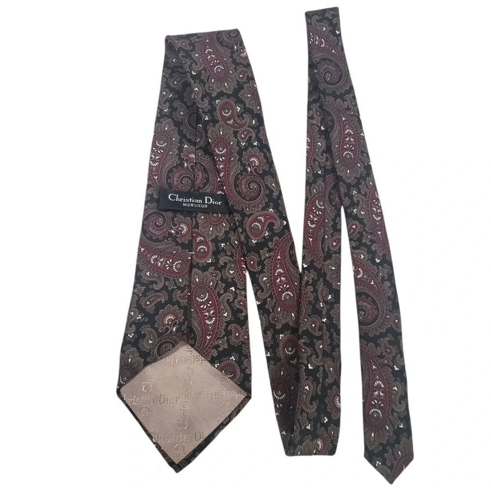Christian Dior Mens Tie Necktie Designer Luxury Black Red Paisley Italian Silk‎